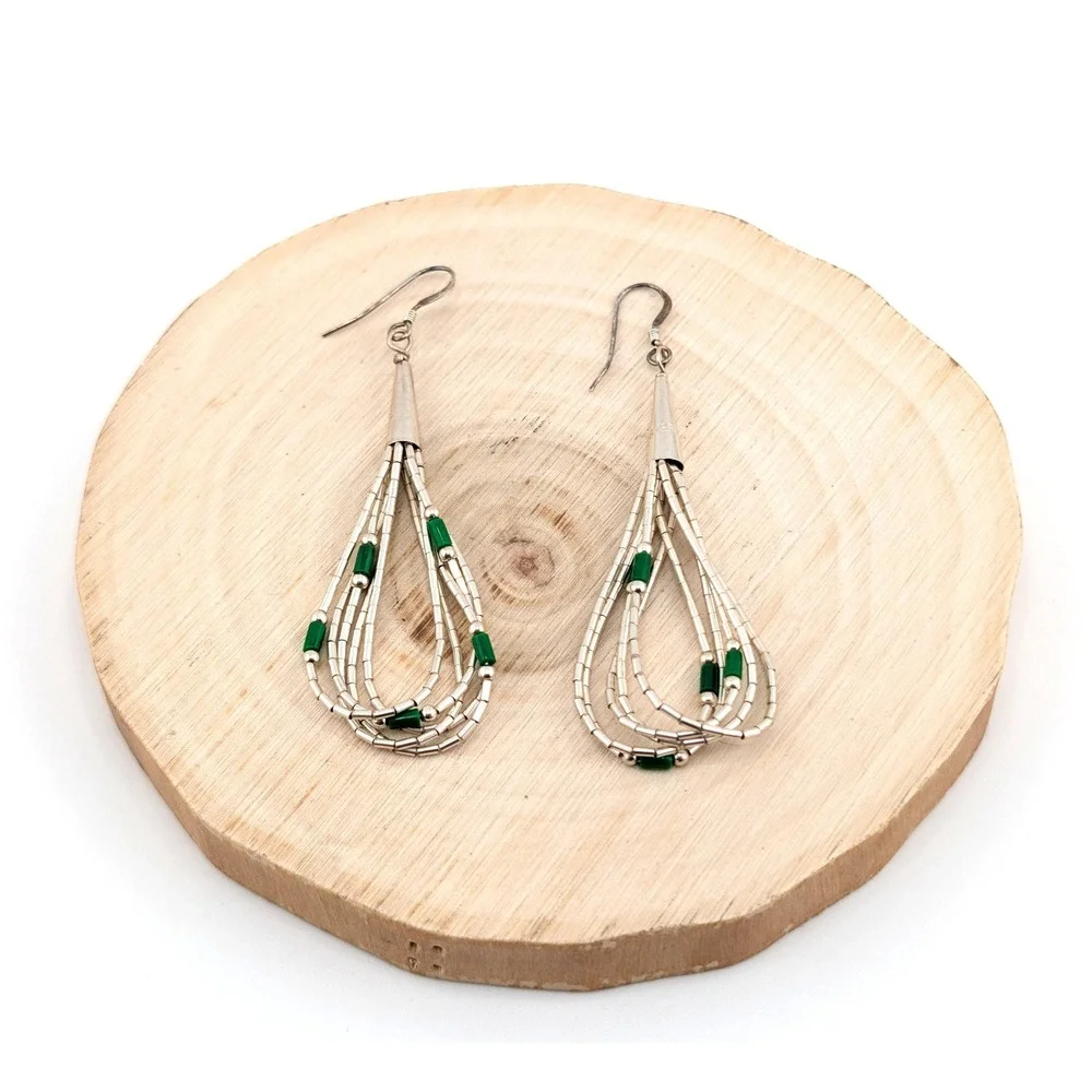Navajo Silver &‎ Green Multi Strand Dangle Earrings | Southwestern Jewelry **